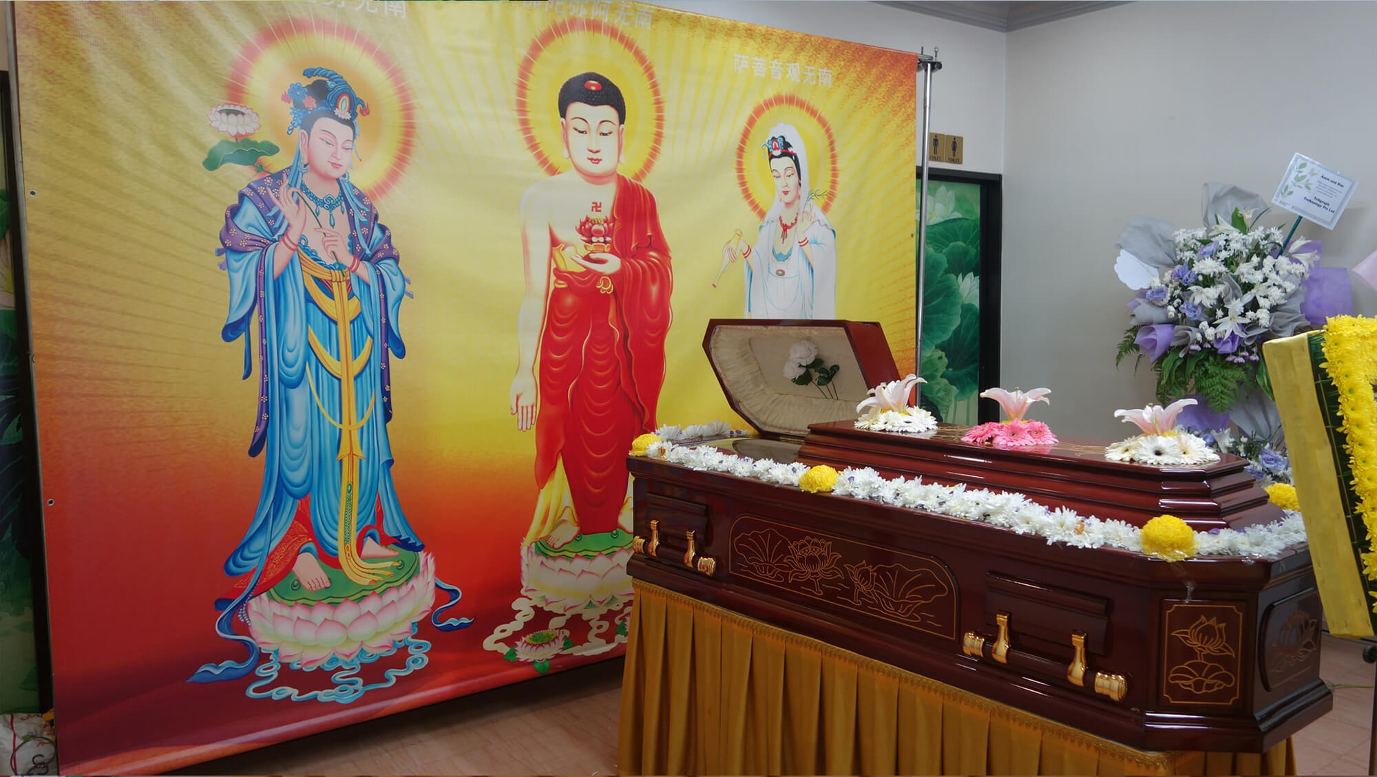 Casket and Buddhist Themed Backdrop